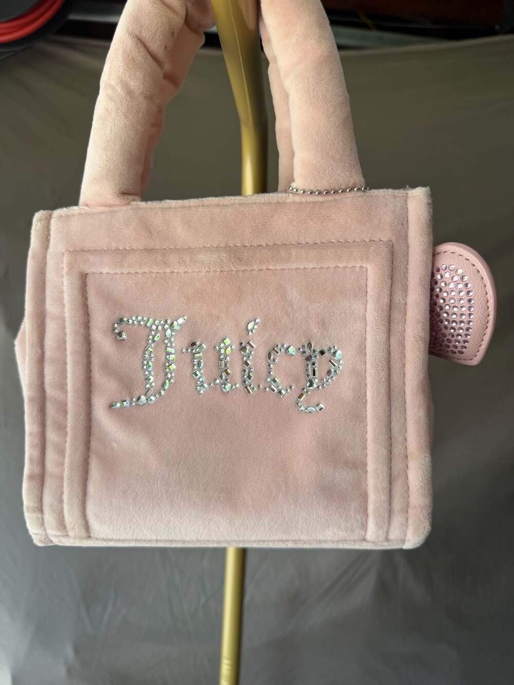 Juicy Couture Pink Velour Spender Mini Tote Bag with Rhinestone Logo and Heart C